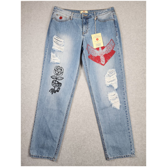 NWT Red Jeans‎ NYC Graffiti Distressed High Waisted Denim Straight Leg Size 12 - Picture 1 of 15